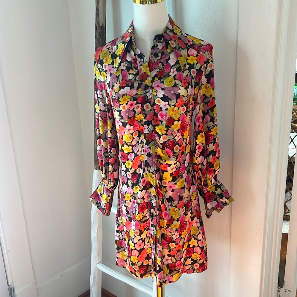 GANNI NWT Silk Pink Yellow Black Floral Button front Collar Mini Dress - XS
